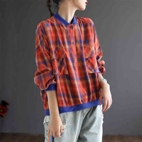 qi engraved artistic cotton linen plaid long sleeve sweater women's early autumn new pocket loose contrast color baseball collar, Black 
qi engraved artistic cotton linen plaid long sleeve sweater women's early autumn new pocket loose contrast color baseball collar, Black