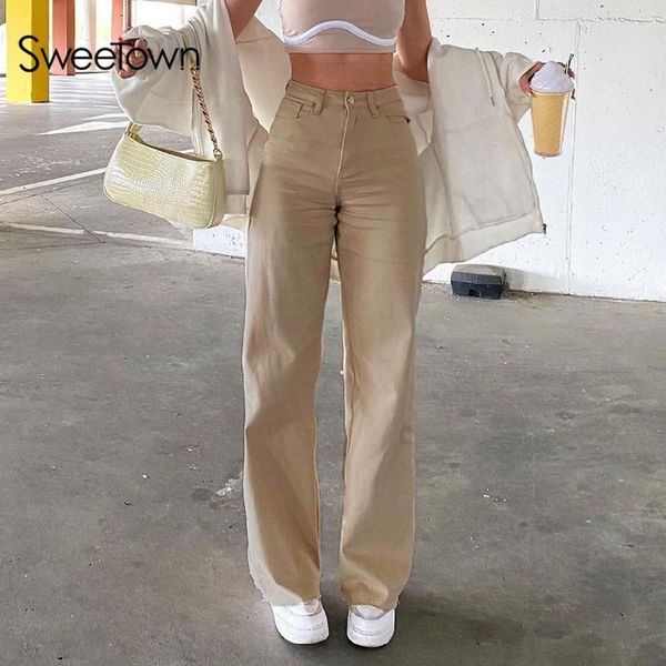women's jeans sweetown khaki solid casual women 2021 streetwear cargo pants korean style retro high waist straight denim trousers, Blue
women's jeans sweetown khaki solid casual women 2021 streetwear cargo pants korean style retro high waist straight denim trousers, Blue