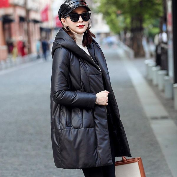 women's leather & faux down jacket middle and long fashion leisure korean winter haining sheep hooded, Black
women's leather & faux down jacket middle and long fashion leisure korean winter haining sheep hooded, Black