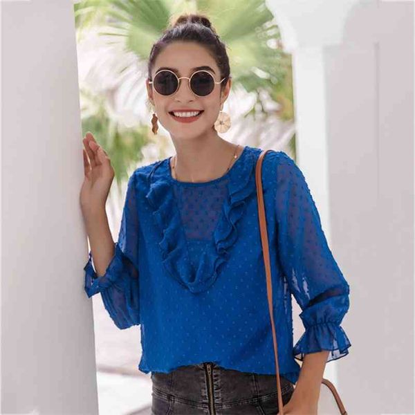 sheer polka dot ruffle office laides blouse women elegant vintage blue transparent autumn winter shirts 210427, White
sheer polka dot ruffle office laides blouse women elegant vintage blue transparent autumn winter shirts 210427, White