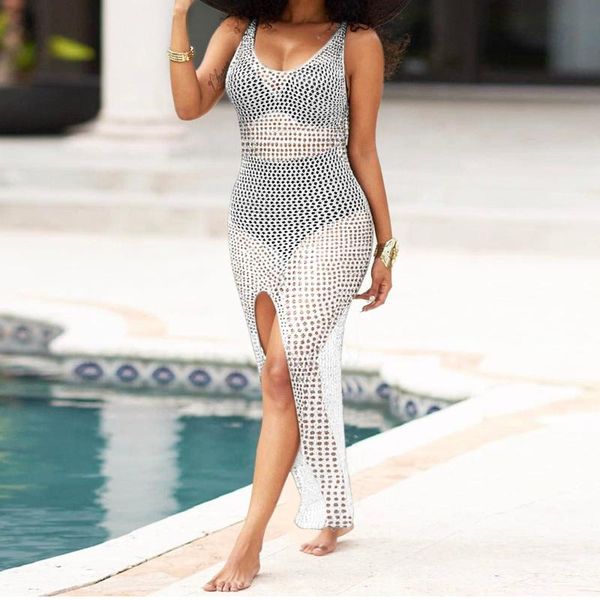 women's swimwear sheer net mesh knitted tunic beach cover up cover-ups long bikini dress wear beachwear female women robe 2021, White;black
women's swimwear sheer net mesh knitted tunic beach cover up cover-ups long bikini dress wear beachwear female women robe 2021, White;black
