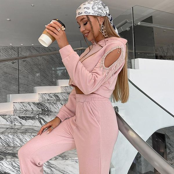women's two piece pants hollow leisure sports style solid color sweater fleece tassel knitting fashion long-sleeved hooded suit, White
women's two piece pants hollow leisure sports style solid color sweater fleece tassel knitting fashion long-sleeved hooded suit, White