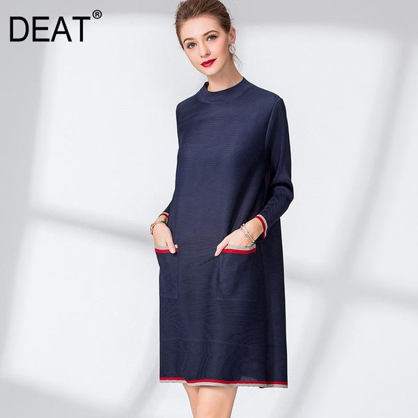 pleated woman dress solid striped pocket round collar full sleeve knee length elegant casual 2021 spring fashion ht765 dresses, Black;gray
pleated woman dress solid striped pocket round collar full sleeve knee length elegant casual 2021 spring fashion ht765 dresses, Black;gray