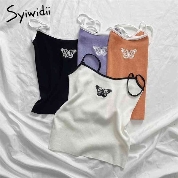 syiwidii embroidery butterfly crop women clothes korean fashion cami black halter t shirt spaghetti strap tank knitted 210325, White 
syiwidii embroidery butterfly crop women clothes korean fashion cami black halter t shirt spaghetti strap tank knitted 210325, White