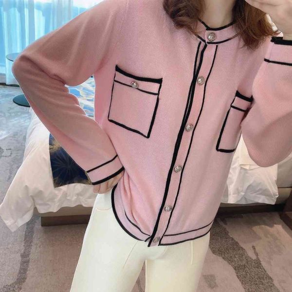 11 pocket pink cardigans, fragrant wind, color contrast round neck ~ early spring new age reducing sweater top, White
11 pocket pink cardigans, fragrant wind, color contrast round neck ~ early spring new age reducing sweater top, White