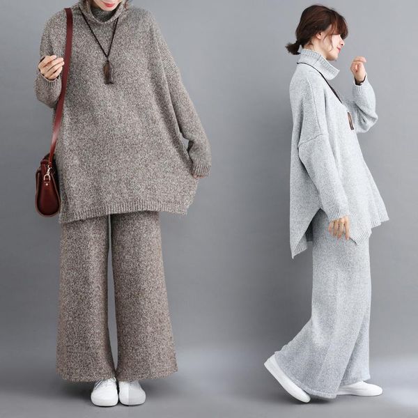 women's two piece pants plus size women 2 pieces pant sets 2021 turtleneck knitted sweaters pullovers and wide leg warm lady suits, White 
women's two piece pants plus size women 2 pieces pant sets 2021 turtleneck knitted sweaters pullovers and wide leg warm lady suits, White