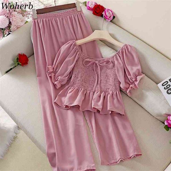 women two piece set summer chiffon slash neck short blouses+casual wide leg long pants fashion 2 outwear 210519, White
women two piece set summer chiffon slash neck short blouses+casual wide leg long pants fashion 2 outwear 210519, White