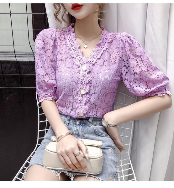 women's blouses & shirts women v-neck lace female short puff sleeve hollow out solid elasticity girls 2021 summer, White
women's blouses & shirts women v-neck lace female short puff sleeve hollow out solid elasticity girls 2021 summer, White
