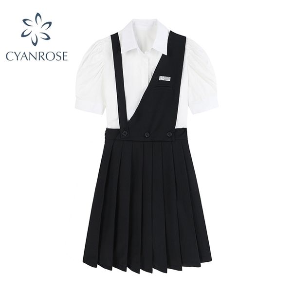 japan style dress suit women summer jk college short puff sleeve white shirt black strap pleated female 210515
japan style dress suit women summer jk college short puff sleeve white shirt black strap pleated female 210515