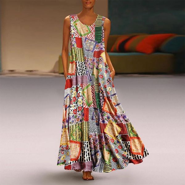 h40 women vintage print dresses long dress floral patch o neck sleeveless casual loose maxi bohemian summer party vestido, Black;gray
h40 women vintage print dresses long dress floral patch o neck sleeveless casual loose maxi bohemian summer party vestido, Black;gray
