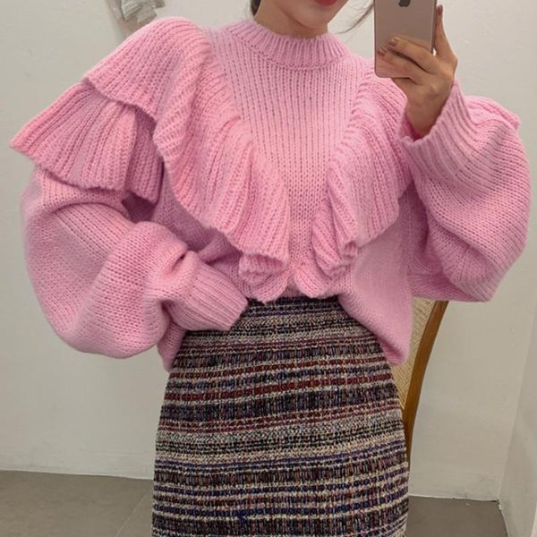 women's sweaters korean chic pink knitted pullover jumper fashion autumn winter ruffles lantern sleeve oversize loose warm sweater, White;black
women's sweaters korean chic pink knitted pullover jumper fashion autumn winter ruffles lantern sleeve oversize loose warm sweater, White;black