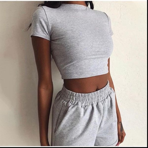 solid 2 piece set womens tracksuits summer short sleeve sport tracksuit skinny crop elastic shorts matching sets, Gray
solid 2 piece set womens tracksuits summer short sleeve sport tracksuit skinny crop elastic shorts matching sets, Gray