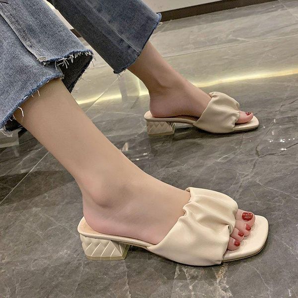 slippers women's female shoes woman mules solid leather pleated ladies slides women fashion pumps outdoor mid heels summer, Black