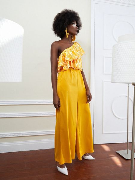 x .e.l.t one shoulder graphic print ruffle trim jumpsuit a3st#, White
x .e.l.t one shoulder graphic print ruffle trim jumpsuit a3st#, White