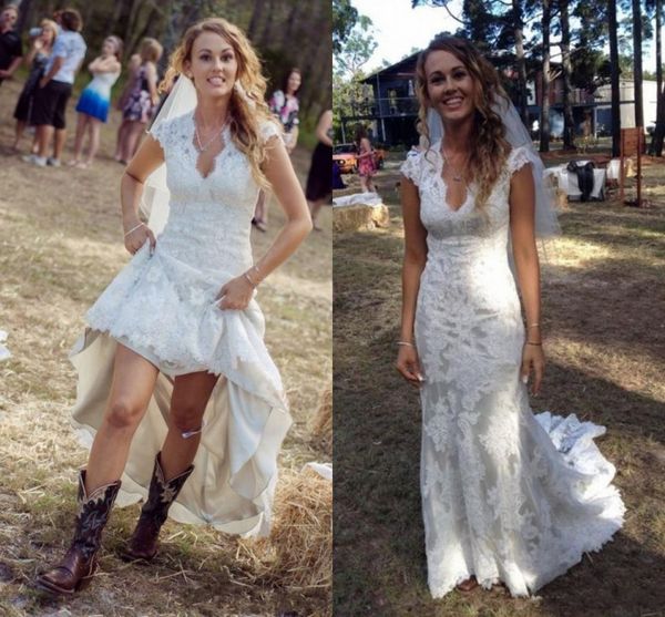 vintage country cowgirls wedding dresses v neck cap sleeves lace bridal gowns floor length applique mermaid vestidos de novia button back, White
vintage country cowgirls wedding dresses v neck cap sleeves lace bridal gowns floor length applique mermaid vestidos de novia button back, White
