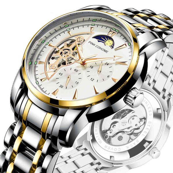pink cohome chronograph automatic wristwatch swiss mechanical watches men waterproof stainless steel band moon phase skeleton, Slivery;brown
pink cohome chronograph automatic wristwatch swiss mechanical watches men waterproof stainless steel band moon phase skeleton, Slivery;brown