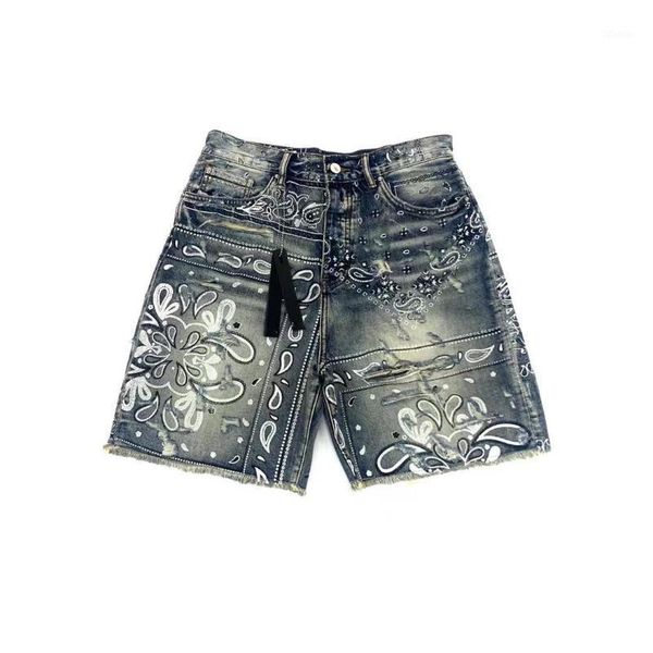 men's jeans men paisley denim shorts, Blue