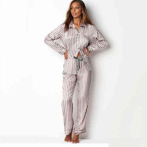 summer spring pajamas for women satin silk sleepwear two piece set long sleeved striped pjs lounge wear night suits home clothes 211109, Black;red
summer spring pajamas for women satin silk sleepwear two piece set long sleeved striped pjs lounge wear night suits home clothes 211109, Black;red