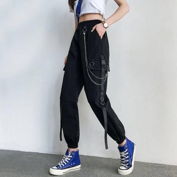 women's pants & capris 2021 ladies casual fashion punk pocket jogging with chain elastic band high waist street loose straight leg, Black;white 
women's pants & capris 2021 ladies casual fashion punk pocket jogging with chain elastic band high waist street loose straight leg, Black;white
