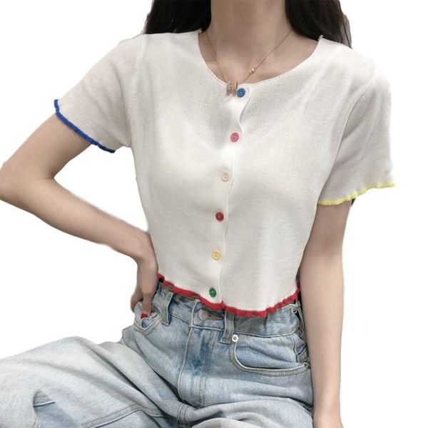 women solid color cardigan spring and summer adults short sleeve round neck knitwear t-shirt women's, White
women solid color cardigan spring and summer adults short sleeve round neck knitwear t-shirt women's, White