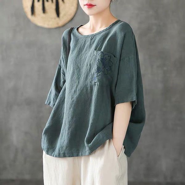 women's t-shirt cotton flower embroidery and linen short-sleeved loose blouse summer casual half-sleeved top, White
women's t-shirt cotton flower embroidery and linen short-sleeved loose blouse summer casual half-sleeved top, White
