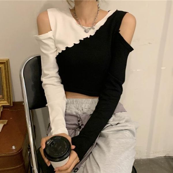women's t-shirt spring autumn o-neck patchwork off shoulder t shirt korean slim long sleeve crop women clothing ins hipster tees femal, White
women's t-shirt spring autumn o-neck patchwork off shoulder t shirt korean slim long sleeve crop women clothing ins hipster tees femal, White
