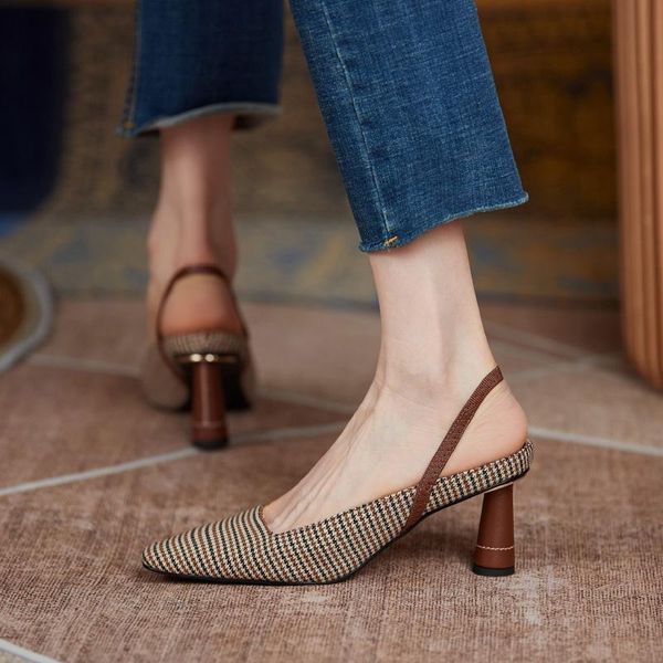 sandals women 22-24.5cm retro houndstooth fabric shoes summer small square head round heel for high heels, Black