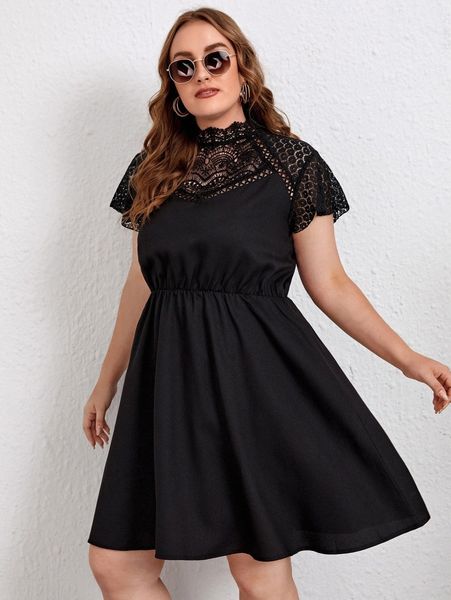 plus contrast lace mock neck a-line dress j6wm#, Black
plus contrast lace mock neck a-line dress j6wm#, Black