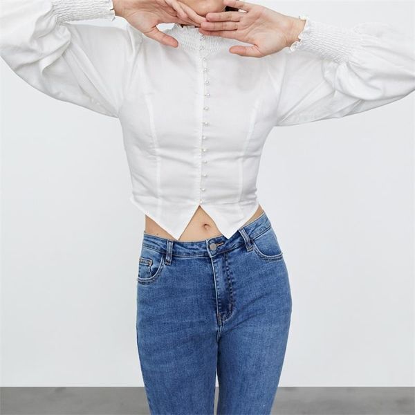 women's blouses & shirts zxqj women 2021 chic fashion lotus leaf collar and pearl button vintage long sleeve female blusas, White
women's blouses & shirts zxqj women 2021 chic fashion lotus leaf collar and pearl button vintage long sleeve female blusas, White