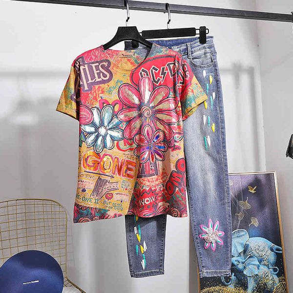 pant summer vintage print cotton t-shirt pencil denim pants two piece outfits women tee shirt jeans set female fashion streetwear, White
pant summer vintage print cotton t-shirt pencil denim pants two piece outfits women tee shirt jeans set female fashion streetwear, White