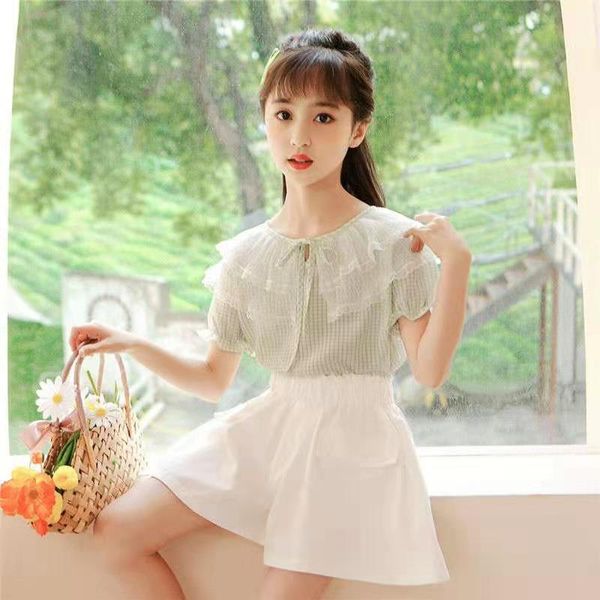 clothing sets girls plaid suit summer dress solid color shirt short sleeve shorts two-piece set ruffled doll collar puff, White
clothing sets girls plaid suit summer dress solid color shirt short sleeve shorts two-piece set ruffled doll collar puff, White