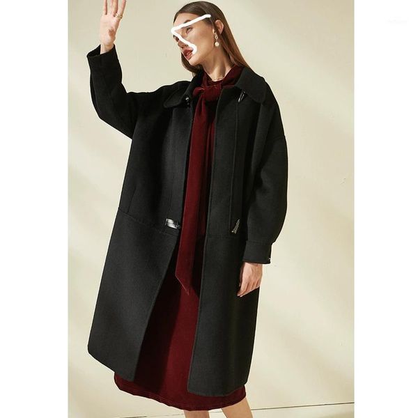 women's wool & blends loose cocoon type double face cashmere coat with horn button for autumn and winter 2021 long over knee skinny twe, Black
women's wool & blends loose cocoon type double face cashmere coat with horn button for autumn and winter 2021 long over knee skinny twe, Black