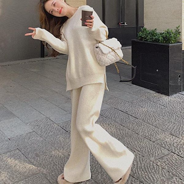 women's two piece pants 2021 arrival set pullover sweater knit tracksuit women high waist straight suit winter clothes, White
women's two piece pants 2021 arrival set pullover sweater knit tracksuit women high waist straight suit winter clothes, White