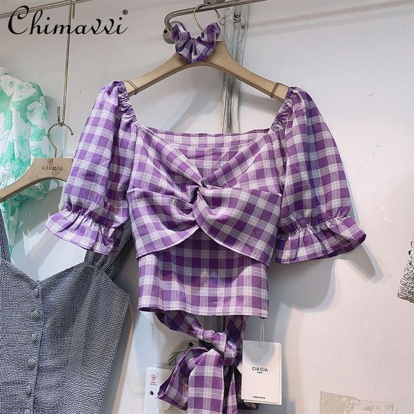 women's blouses & shirts puff sleeve square collar casual short summer purple shirt back strap plaid top, White
women's blouses & shirts puff sleeve square collar casual short summer purple shirt back strap plaid top, White