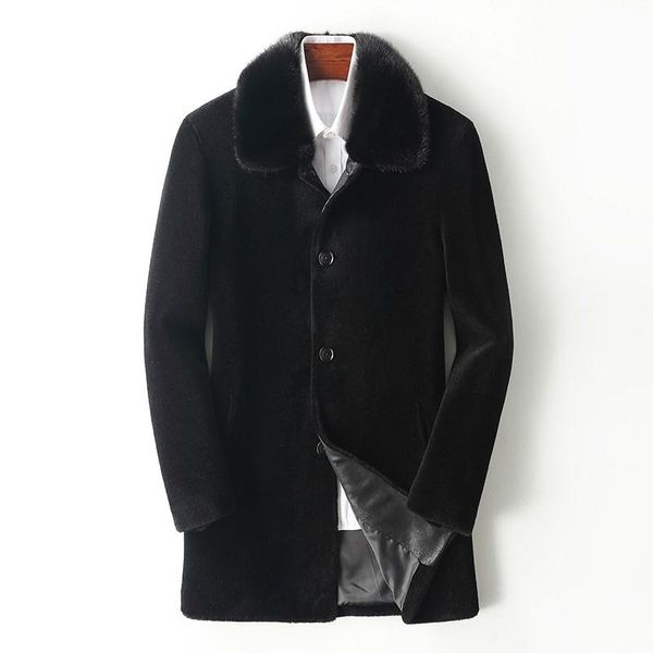 men's leather & faux men business slim fit long real fur jacket mink collar single breasted sheep shearling 100% wool coat winter warm, Black
men's leather & faux men business slim fit long real fur jacket mink collar single breasted sheep shearling 100% wool coat winter warm, Black