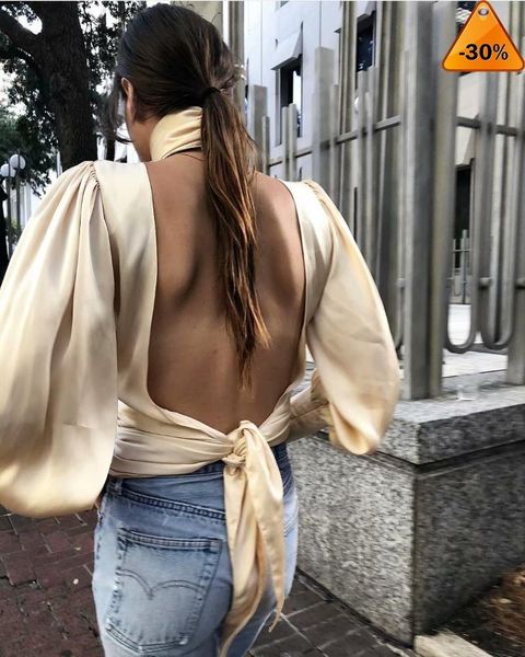 women's blouses & shirts female long sleeve puff fashion criss cross satin backless hollow out crop, White
women's blouses & shirts female long sleeve puff fashion criss cross satin backless hollow out crop, White