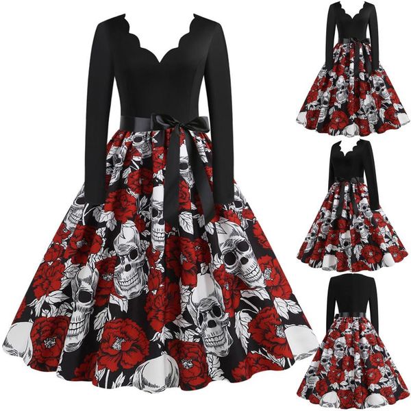 casual dresses women halloween skull printed dress vintage long sleeves housewife evening party princess v-neck sundresses for 2021, Black;gray 
casual dresses women halloween skull printed dress vintage long sleeves housewife evening party princess v-neck sundresses for 2021, Black;gray