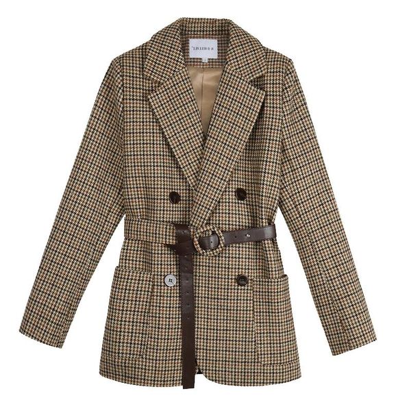 women autumn short plaid wool coat double breasted slim cut elegant woolen suit jacket leather belt overcoat women's & blends, Black
women autumn short plaid wool coat double breasted slim cut elegant woolen suit jacket leather belt overcoat women's & blends, Black
