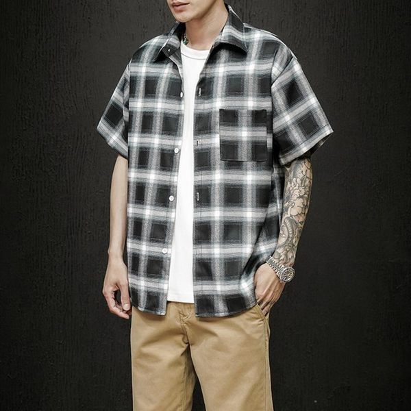 men's casual shirts harajuku plaid print mens shirt 2021 summer single breasted turn-down collar men fashion loose streetwear, White;black
men's casual shirts harajuku plaid print mens shirt 2021 summer single breasted turn-down collar men fashion loose streetwear, White;black