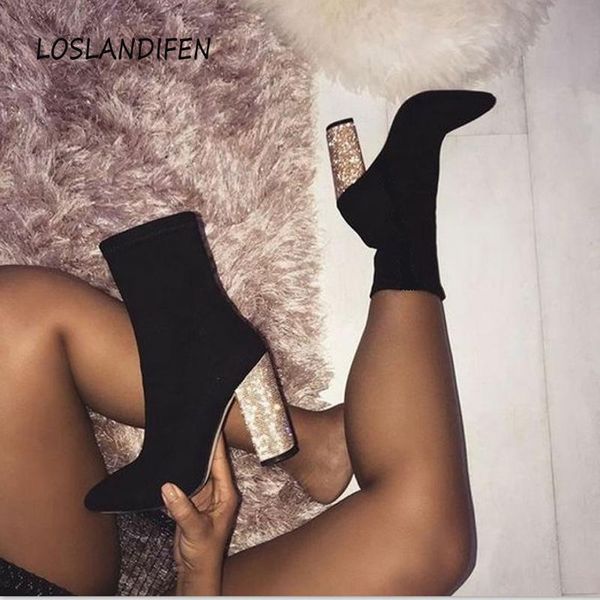 boots stretch cloth women's ankle suede short pointed elastic line thick-soled high heels fashion women socks, Black
boots stretch cloth women's ankle suede short pointed elastic line thick-soled high heels fashion women socks, Black
