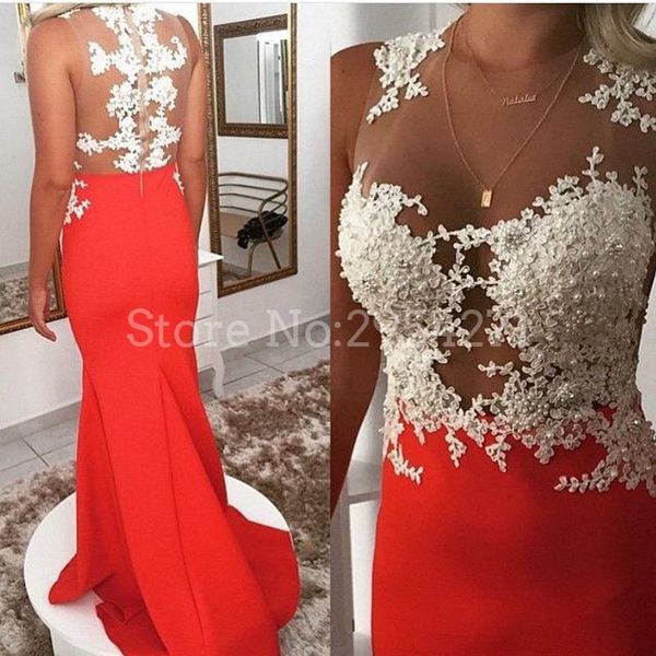 party dresses 2021 arrival white and red appliques lace evening o neck sheer prom gowns custom made plus size, White;black
party dresses 2021 arrival white and red appliques lace evening o neck sheer prom gowns custom made plus size, White;black