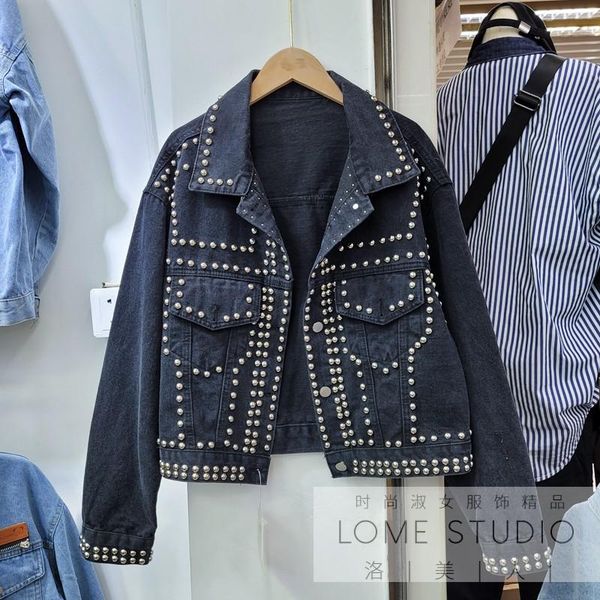 women's jackets women jeans coat outwear 2021 autumn heavy industry rivets diamond denim jacket female loose students casual coats, Black;brown
women's jackets women jeans coat outwear 2021 autumn heavy industry rivets diamond denim jacket female loose students casual coats, Black;brown