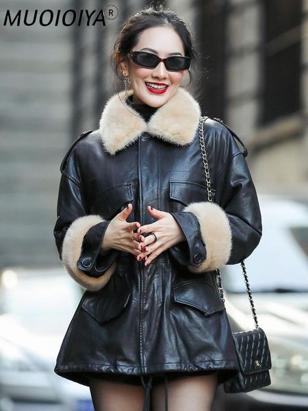 women's leather & faux genuine jacket real collar sheepskin coat winter women warm down jackets chaqueta mujer my3926, Black
women's leather & faux genuine jacket real collar sheepskin coat winter women warm down jackets chaqueta mujer my3926, Black