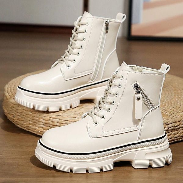 boots british style women pu leather casual ankle motorcycle fashion zip lace up female chunky platform shoes, Black 
boots british style women pu leather casual ankle motorcycle fashion zip lace up female chunky platform shoes, Black