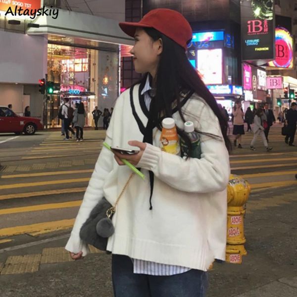 women's sweaters pullovers women v-neck knitwear loose trendy harajuku pullover student preppy style outwear simple daily lovely womens, White;black
women's sweaters pullovers women v-neck knitwear loose trendy harajuku pullover student preppy style outwear simple daily lovely womens, White;black