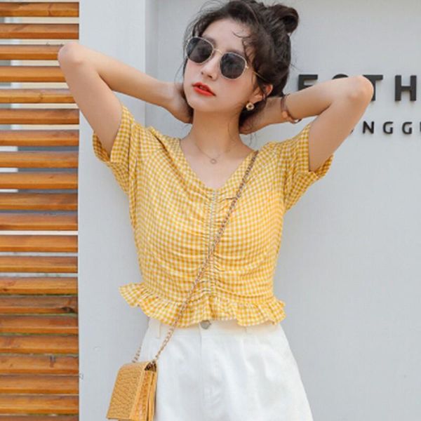women summer blouse v neck plaid shirts short sleeve ladies casual for women's blouses, White
women summer blouse v neck plaid shirts short sleeve ladies casual for women's blouses, White