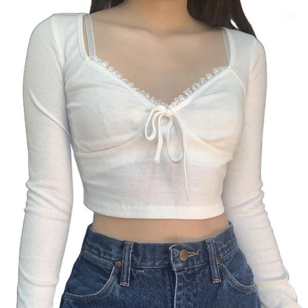 women long sleeve t-shirt bandage lace v neck slim basic blouse crop women's, White
women long sleeve t-shirt bandage lace v neck slim basic blouse crop women's, White