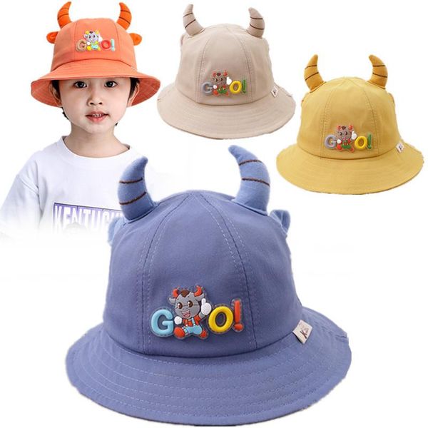 colors boys and girls' year of the ox horn sunshade hat baby cotton sunscreen fisherman's cap caps & hats, Yellow 
colors boys and girls' year of the ox horn sunshade hat baby cotton sunscreen fisherman's cap caps & hats, Yellow
