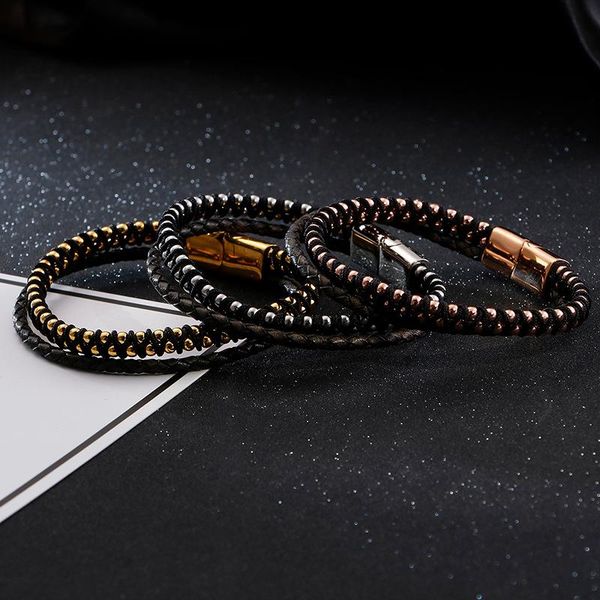 link, chain leather rope ball bracelets men's double stainless steel braided bracelet hand-made multilayer jewelry, Black
link, chain leather rope ball bracelets men's double stainless steel braided bracelet hand-made multilayer jewelry, Black