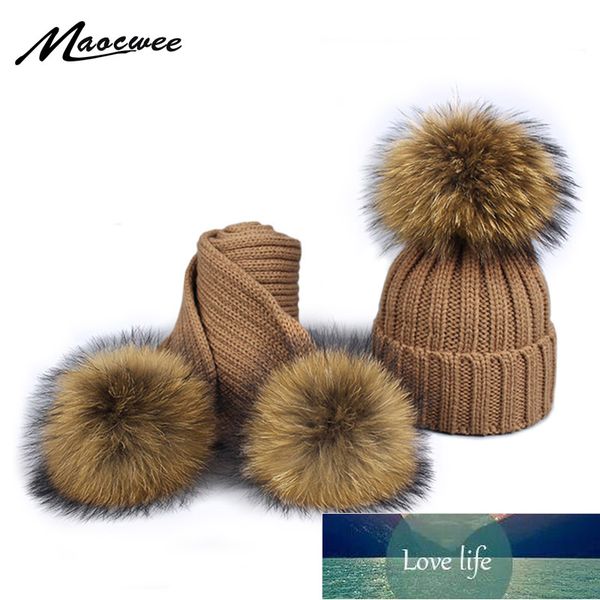 girl pom pom beanie warm knitted bobble fur pompom hat and scarf set children real raccoon fur pompon winter hat skullies factory price expe, Blue;gray